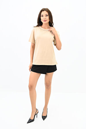 Kadın Bisiklet Yaka Taş Detaylı T-shirt 1749-4-24