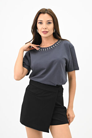 Kadın Bisiklet Yaka Taş Detaylı T-shirt 1749-4-24