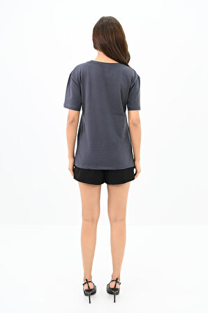 Kadın Bisiklet Yaka Taş Detaylı T-shirt 1749-4-24