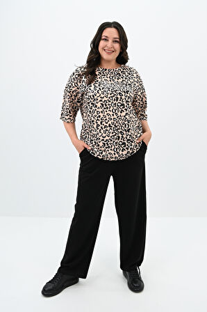Kadın Büyük Beden Leopar Desenli T-shirt Takım 8113-24