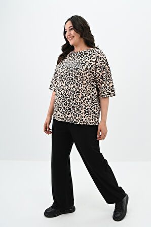 Kadın Büyük Beden Leopar Desenli T-shirt Takım 8113-24