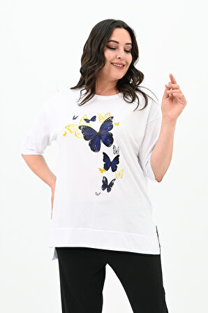 Kadın Büyük Beden Kelebek Baskı Detaylı T-shirt Takım 8114-25