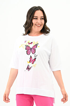 Kadın Büyük Beden Kelebek Baskı Detaylı T-shirt Takım 8114-25