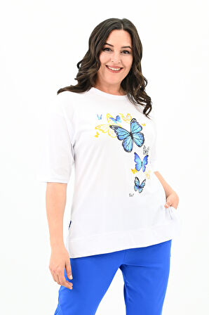Kadın Büyük Beden Kelebek Baskı Detaylı T-shirt Takım 8114-25