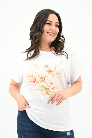 Kadın Büyük Beden Çiçek Baskı Detaylı T-shirt 1780-25