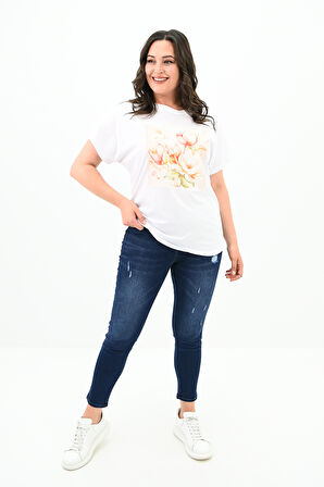 Kadın Büyük Beden Çiçek Baskı Detaylı T-shirt 1780-25