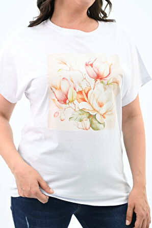 Kadın Büyük Beden Çiçek Baskı Detaylı T-shirt 1780-25