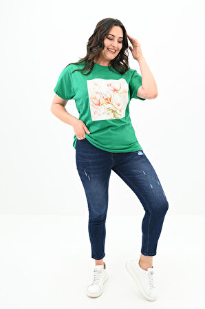 Kadın Büyük Beden Çiçek Baskı Detaylı T-shirt 1780-25