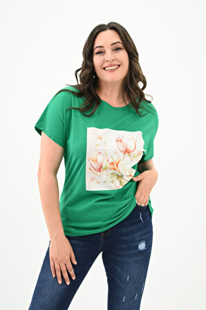 Kadın Büyük Beden Çiçek Baskı Detaylı T-shirt 1780-25