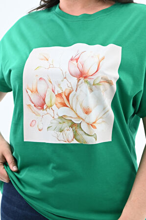 Kadın Büyük Beden Çiçek Baskı Detaylı T-shirt 1780-25