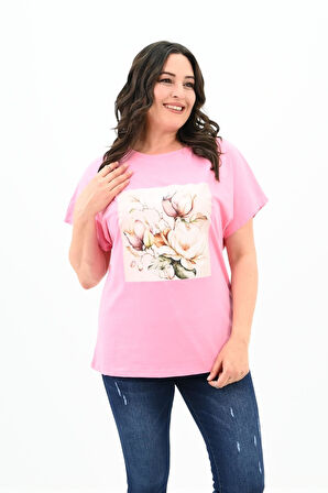 Kadın Büyük Beden Çiçek Baskı Detaylı T-shirt 1780-25