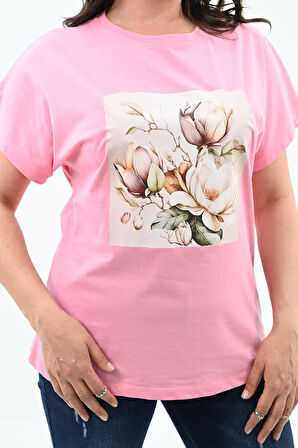 Kadın Büyük Beden Çiçek Baskı Detaylı T-shirt 1780-25
