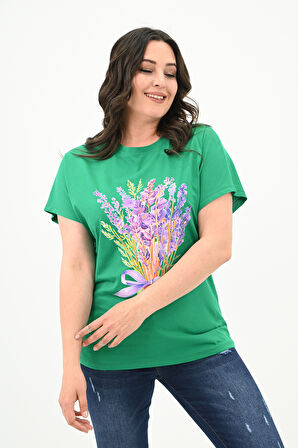 Kadın Büyük Beden Lavanta Baskı Detaylı T-shirt 1781-25