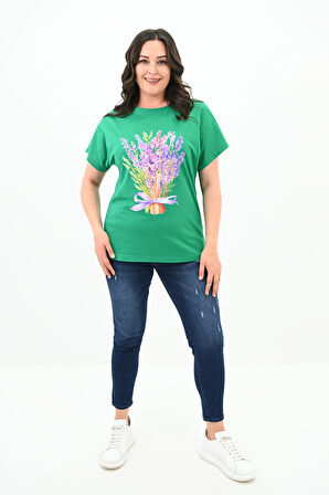 Kadın Büyük Beden Lavanta Baskı Detaylı T-shirt 1781-25
