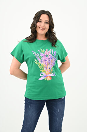 Kadın Büyük Beden Lavanta Baskı Detaylı T-shirt 1781-25