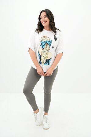 Kadın Büyük Beden Kalp Baskılı Oversize T-shirt 1773-3-24