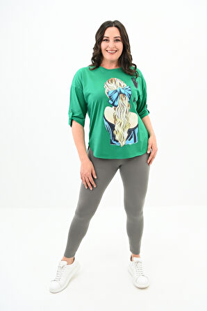 Kadın Büyük Beden Kalp Baskılı Oversize T-shirt 1773-3-24