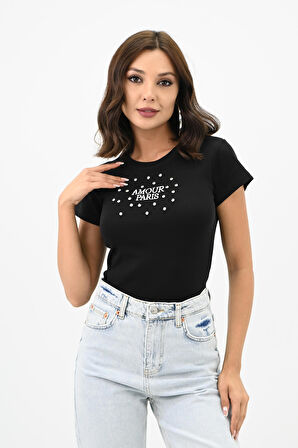 Kadın Taş İşlemeli Nakış Detaylı T-shirt 1774-25