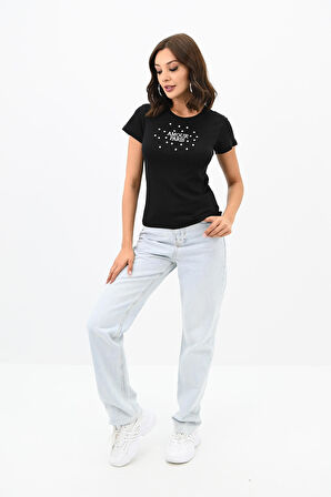 Kadın Taş İşlemeli Nakış Detaylı T-shirt 1774-25