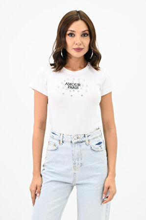 Kadın Taş İşlemeli Nakış Detaylı T-shirt 1774-25