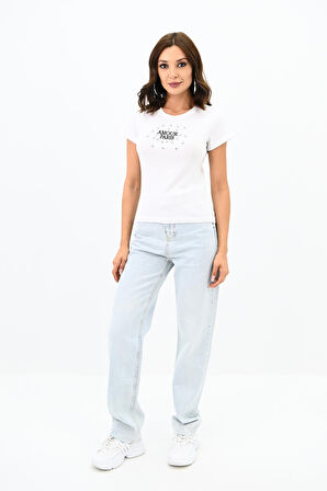 Kadın Taş İşlemeli Nakış Detaylı T-shirt 1774-25