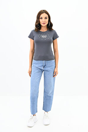 Kadın Taş İşlemeli Nakış Detaylı T-shirt 1774-25