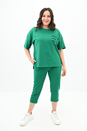 Kadın Yırtık Cep Detaylı Kısa Kollu Büyük Beden Kapri Eşofman Takım 8010-23 Benetton Yeşili-3XL