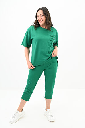 Kadın Yırtık Cep Detaylı Kısa Kollu Büyük Beden Kapri Eşofman Takım 8010-23 Benetton Yeşili-3XL