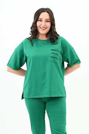 Kadın Yırtık Cep Detaylı Kısa Kollu Büyük Beden Kapri Eşofman Takım 8010-23 Benetton Yeşili-3XL