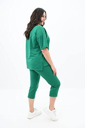 Kadın Yırtık Cep Detaylı Kısa Kollu Büyük Beden Kapri Eşofman Takım 8010-23 Benetton Yeşili-3XL