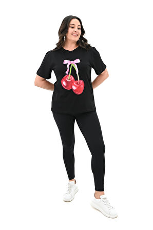 Kadın Büyük Beden Kiraz Baskılı T-shirt 1785-24