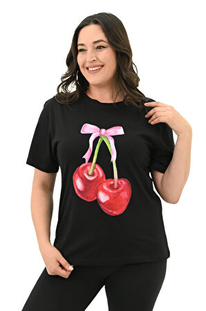 Kadın Büyük Beden Kiraz Baskılı T-shirt 1785-24