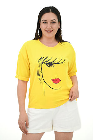Kadın Büyük Beden Yüz Baskılı T-shirt 1788-25
