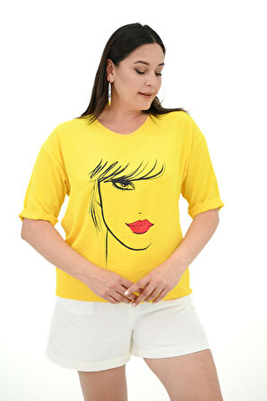 Kadın Büyük Beden Yüz Baskılı T-shirt 1788-25