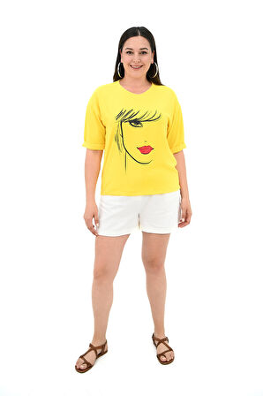 Kadın Büyük Beden Yüz Baskılı T-shirt 1788-25