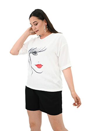 Kadın Büyük Beden Yüz Baskılı T-shirt 1788-25