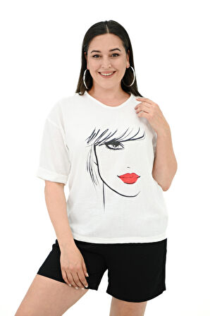 Kadın Büyük Beden Yüz Baskılı T-shirt 1788-25