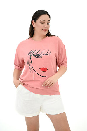 Kadın Büyük Beden Yüz Baskılı T-shirt 1788-25