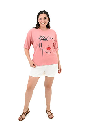 Kadın Büyük Beden Yüz Baskılı T-shirt 1788-25