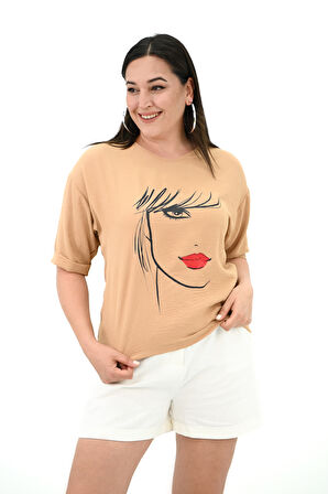 Kadın Büyük Beden Yüz Baskılı T-shirt 1788-25