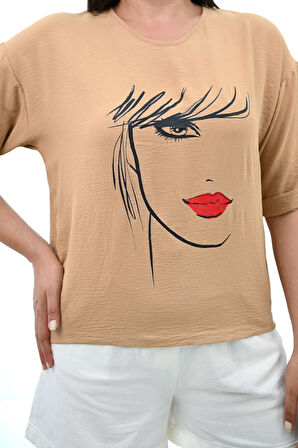 Kadın Büyük Beden Yüz Baskılı T-shirt 1788-25