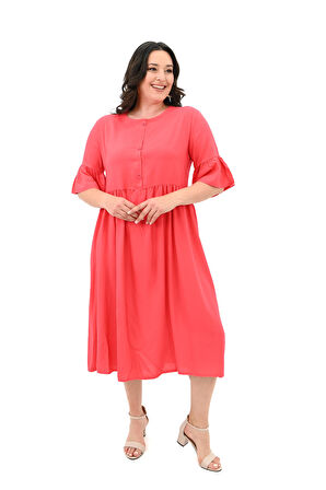 Kadın Büyük Beden Düğme Detaylı Elbise 5241-25