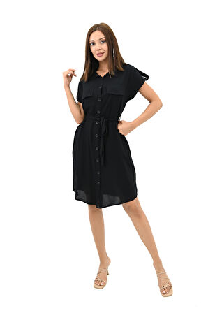 Kadın Gömlek Yaka Kuşak Detaylı Elbise 5240-25