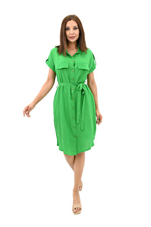 Kadın Gömlek Yaka Kuşak Detaylı Elbise 5240-25