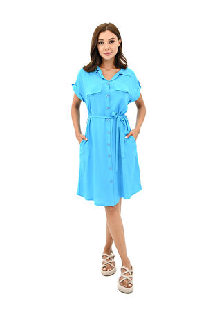 Kadın Gömlek Yaka Kuşak Detaylı Elbise 5240-25