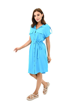 Kadın Gömlek Yaka Kuşak Detaylı Elbise 5240-25