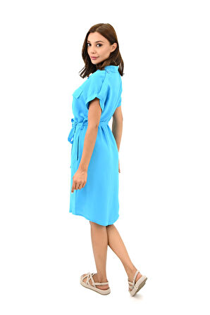 Kadın Gömlek Yaka Kuşak Detaylı Elbise 5240-25