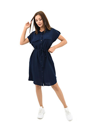 Kadın Gömlek Yaka Kuşak Detaylı Elbise 5240-25