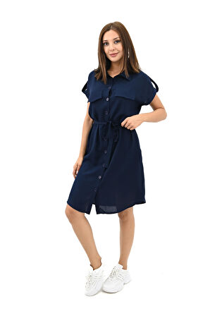 Kadın Gömlek Yaka Kuşak Detaylı Elbise 5240-25