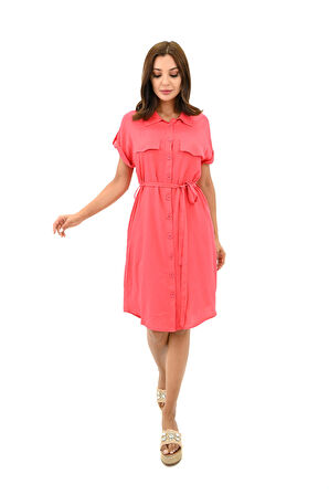 Kadın Gömlek Yaka Kuşak Detaylı Elbise 5240-25